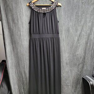 Women's L Black Floor Length Dress with Rhinestone Front Collar